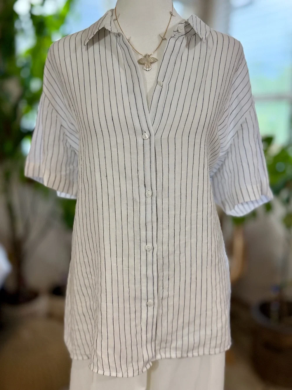 Eileen Fisher White Button-Down Shirt with Black Pinstripes - Picture 4 of 10